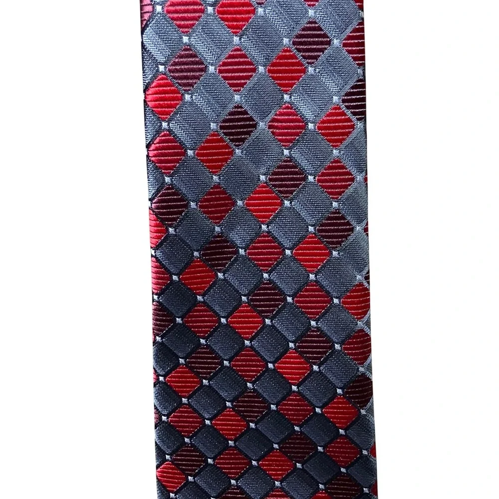 Pierre Cardin Necktie Mens OS Red Grey Diamond Geometric Tie Chain